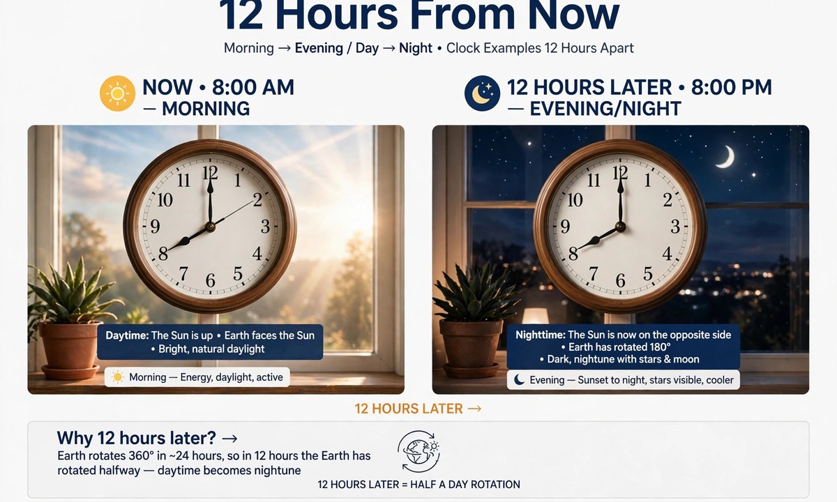 Day and night examples of 12 hours from now