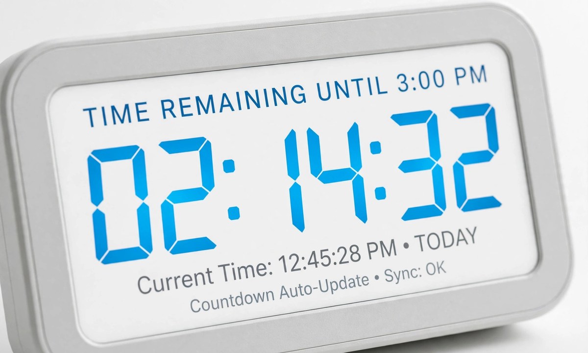 Digital clock for calculating time until 3pm
