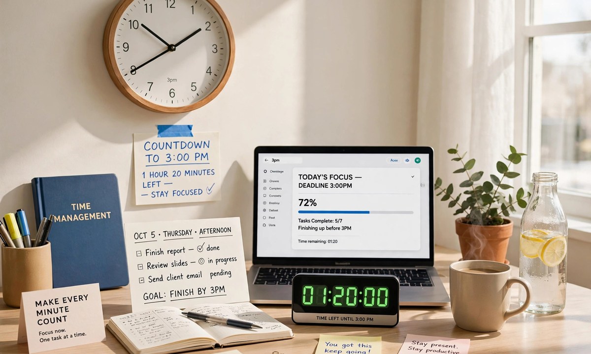 Afternoon workspace with clock for time management