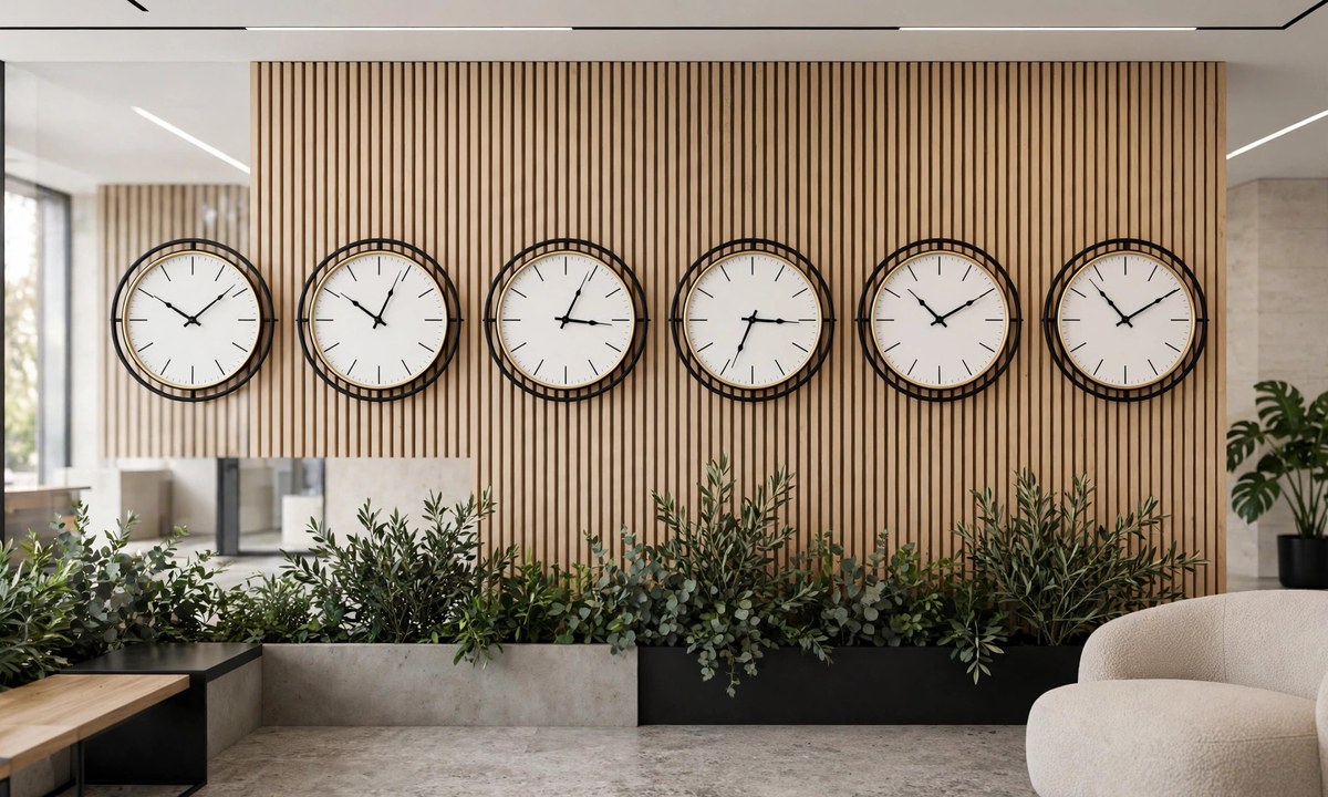 Clocks across cities showing how long until 12:00 pm