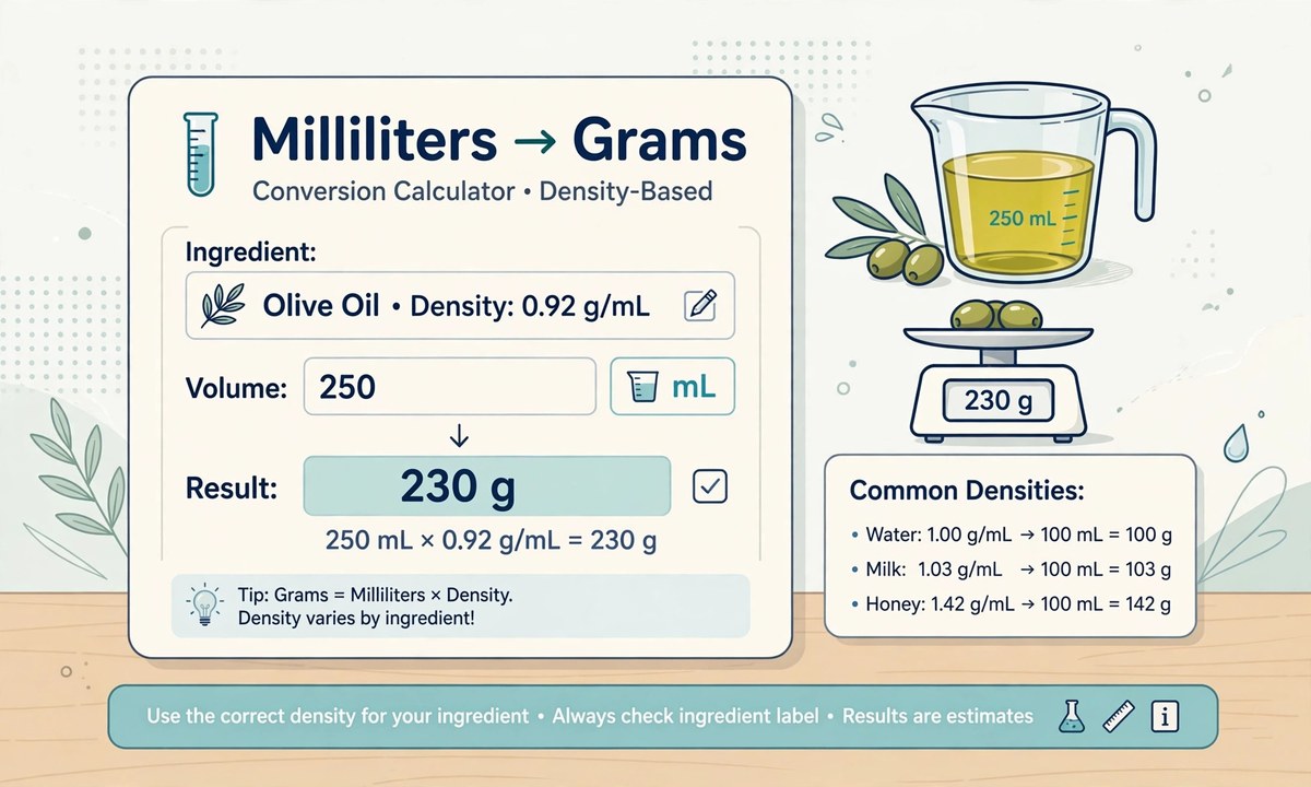 Illustration related to milliliters to grams conversion calculator