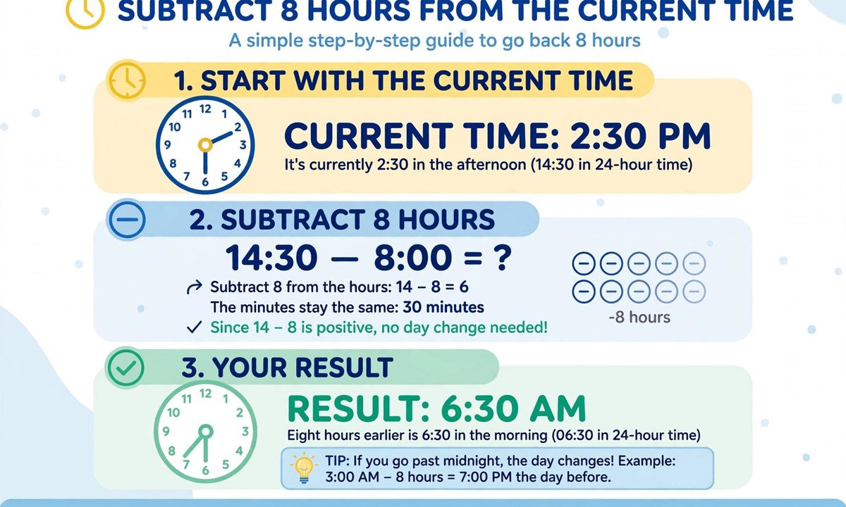 Steps to subtract 8 hours from the current time